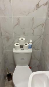 a bathroom with a toilet with three rolls of toilet paper at O'Briens Luxury Studio City Centre in Galway
