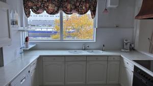 una cocina con 2 lavabos y una ventana en Zaanvilla, en Wormerveer 6 fotos más