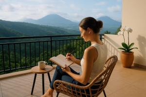 a woman sitting in a chair writing in a book at Shitala Villa in Munduk