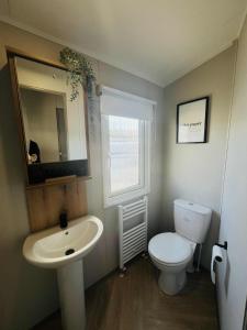 a bathroom with a white toilet and a sink at Haven Berwick in Berwick-Upon-Tweed