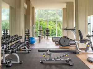 un gimnasio con filas de equipos de ejercicio y una gran ventana en Hilltop Wellness Resort, en Phuket