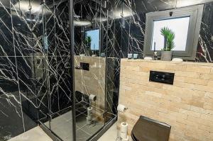 a bathroom with a glass shower with a toilet at וילה סאן טורינו - Vila San Torino in Elqosh