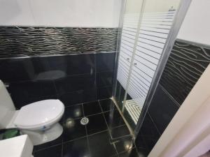a bathroom with a toilet and a black tiled wall at וילה באשקלון in Ashqelon