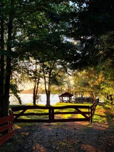 a park with a playground next to a lake at Chata Chochlika in Rybczyzna