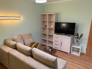 a living room with a couch and a flat screen tv at Pokoje pod Brzozą in Olszyna