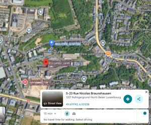 a screenshot of a google map with the location at CHL Stay apartment One-Bedroom Apartment Steps from Luxembourg Hospital-Private Garden Included in Luxembourg