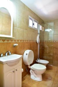 a bathroom with a toilet and a sink and a shower at Complejo Pircas Mar in Las Grutas