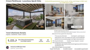 eine Collage aus Bildern eines Hauses in der Unterkunft Crown Penthouse - Luxurious, Spa & Vista , by Uni88 ApartHotel in Bukarest