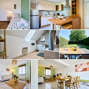 a collage of photos of a kitchen and living room at La Halte Verte - Garden -Wifi - Near Lille in Ennevelin