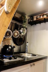 a kitchen with a sink and a pot on a stove at Ty Nant Cafn in Machynlleth