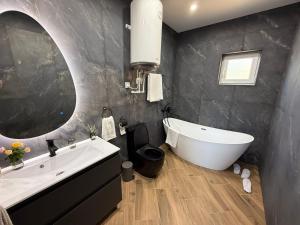 a bathroom with a tub and a sink and a mirror at Agropensiunea TreiFrati in Dărcăuţi +19 photos