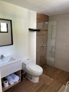 a bathroom with a toilet and a sink and a shower at Swim up and Beach Getaway at White Sands in Punta Cana