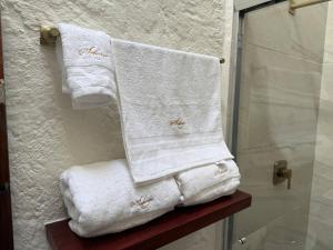 a pile of towels on a shelf in a bathroom at Solange Suite en ValQuirico in Santeagueda +29 photos