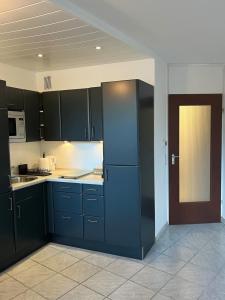 a kitchen with black cabinets and a blue refrigerator at SEEnah Ferienwohnung in Überlingen