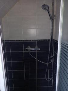 a shower in a bathroom with a black and white tiles at Loue chambre in Le Mans