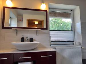 a bathroom with a white sink and a mirror at Ferienhaus in Neu Poserin for 5 Personen in Neu Poserin