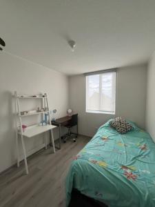 a bedroom with a bed and a shelf and a window at Departamento Temuco in Temuco