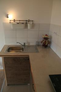 a kitchen with a sink and a counter top at Mo Apartman in Budapest