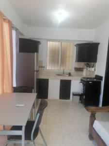 a kitchen with black cabinets and a white floor at J. B Apartamentos in Santo Domingo
