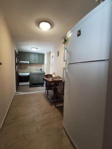 a kitchen with a refrigerator and a table in it at Kalymnos Central Port in Kalymnos
