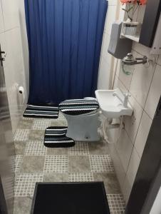 baño con aseo y cortina de ducha azul en Espaço Ideal Apartamento 2 Quartos, en Cascavel