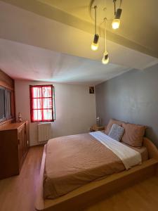 ein Schlafzimmer mit einem großen Bett und einem Fenster in der Unterkunft Maison de village , terrasse et spa in Dourgne