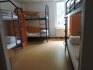 a room with three bunk beds and a window at Auberge de Jeunesse de Mulhouse in Mulhouse