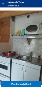 a kitchen with a stove and a sink and a microwave at Cabaña anita in Perito Moreno