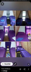 a collage of pictures of a bed with purple sheets at Cabaña anita in Perito Moreno