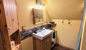 a bathroom with a sink and a mirror at Jacuzzi, game room near Lassen and Hat Creek in Burney +70 photos