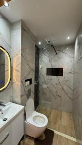 Un baño con inodoro, lavabo y ducha. en Luxury apartment in Essaouira, en Essaouira