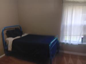 1 dormitorio con 1 cama con marco azul y ventana en Be Our Guest, en Charlotte