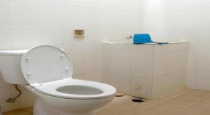 a bathroom with a toilet and a book on a shelf at Hotel Wijaya Magelang in Magelang