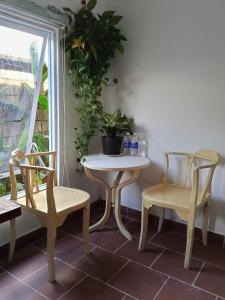 富国Tim Hotel的桌子、两把椅子和一张带盆栽的桌子