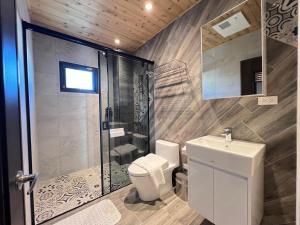 Un baño con inodoro, ducha y lavabo. en Tiansheng Anjia B&B, en Taitung