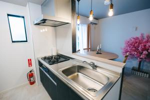 eine Küche mit einer Spüle aus Edelstahl und einer Theke in der Unterkunft Otter Stay - Takaoka in Aoichō + 161 Fotos