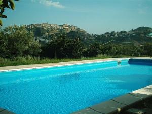 a large blue swimming pool with a city in the background at Azienda Agrituristica Biologica Il Querceto in Santa Severina