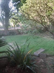 a garden with green grass and a bench and trees at Blackwood Guest house in Vereeniging