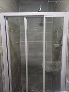 a shower with a glass door in a bathroom at Blackwood Guest house in Vereeniging +27 photos