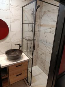 Un baño con ducha de cristal y lavabo. en Studio Eden Jacuzzi, en Amiens