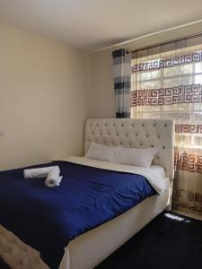 a bedroom with a large bed with a blue blanket at Jeff HOMES Bnb in Nakuru