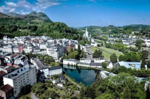 an aerial view of a city with a river and buildings at La casa de Soto in Lourdes