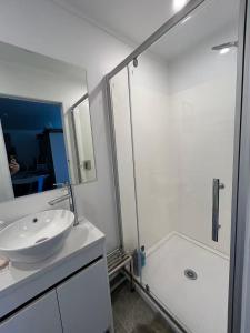a white bathroom with a sink and a shower at 13 Bedlington in Whangarei