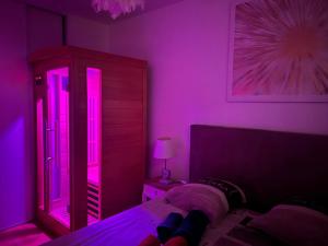 een slaapkamer met paarse verlichting en een bed met een spiegel bij Apt au calme, 2-3 chambres, Sauna, 2 parkings, wifi in Montévrain