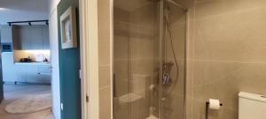a shower with a glass door in a bathroom at El rincón verde de David y Laura in O Porto de Espasante +8 photos