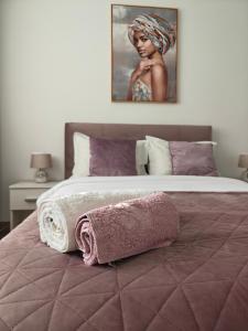 ブラショヴにあるJune's Urban Residenceのベッド(ピンクの毛布付)