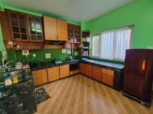 a large kitchen with green walls and wooden floors at Peace Home Apartment Swayambhu in Kathmandu