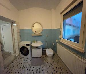 a bathroom with a white toilet and a mirror at PaNi 2 in Altdorf bei Nuernberg