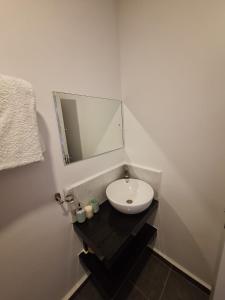 a bathroom with a white sink and a mirror at Tatu Nest in Tatu City +6 photos