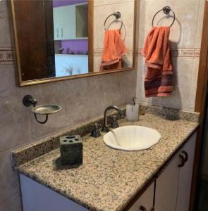 a bathroom counter with a sink and a mirror at Lar dos Bem-ti-vis in Niterói